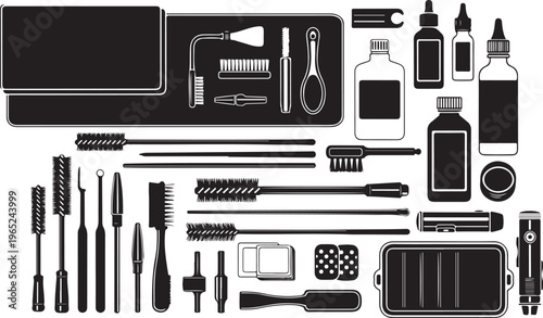 Black and white cleaning tools, cleaning supplies, household equipment, vector icons