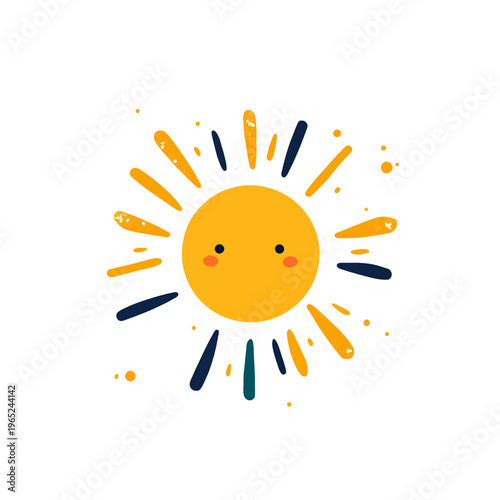 Smiling Sun Cartoon Vector Graphic Illustration, Cute Kawaii Character with Yellow Rays, Happy Summer Icon, Decorative Clipart for Kids Designs and Backgrounds and Educational Materials.