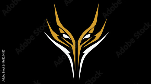 A symmetrical golden, white and black design featuring an abstract stylized creature's face