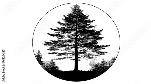 Silhouette of pine trees in an oval frame, black and white, sparse foliage