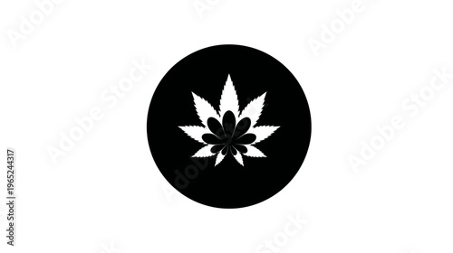White cannabis leaf icon in black circle against a white background