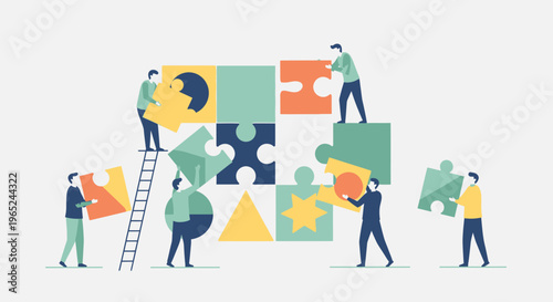 Teamwork assembling a large puzzle, collaboration, strategy, problem solving, business concept