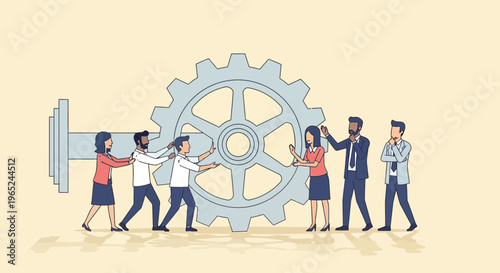 Teamwork and Collaboration: People working together to turn a large gear, symbolizing synergy and business success.