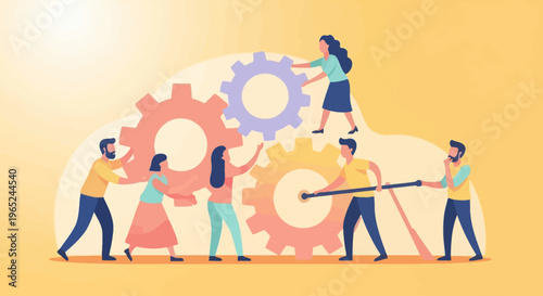 Teamwork and collaboration: people working together to turn gears, business success concept