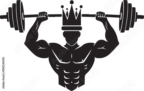 Muscular man, fitness icon, weightlifter vector, gym logo, crowned athlete
