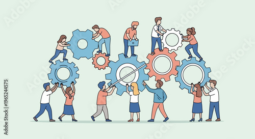 Teamwork and collaboration: people working together turning gears for success