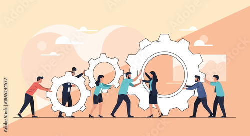 Teamwork and Collaboration: People working together turning gears for success