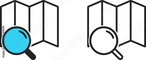 Map, location, place search icon with magnifying glass vector graphic