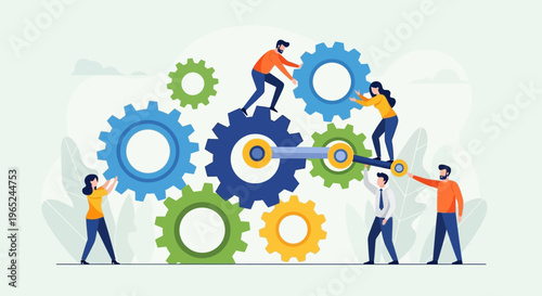 Teamwork and collaboration: people working together with gears, symbolizing success and synergy
