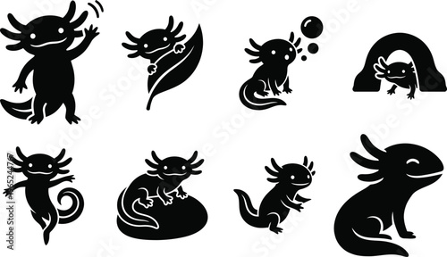 Axolotl Silhouette Icon Set - Mexican Salamander Character in Various Playful Poses for Logo, Mascot, and Sticker Design - Minimalist Flat Vector Illustrations Isolated on White Background