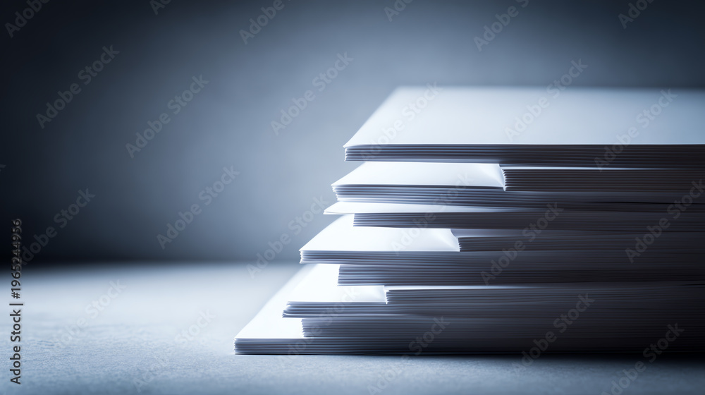 Obraz premium Stacks of blank papers in soft lighting, showcasing simplicity and organization, ideal for business or creative contexts.