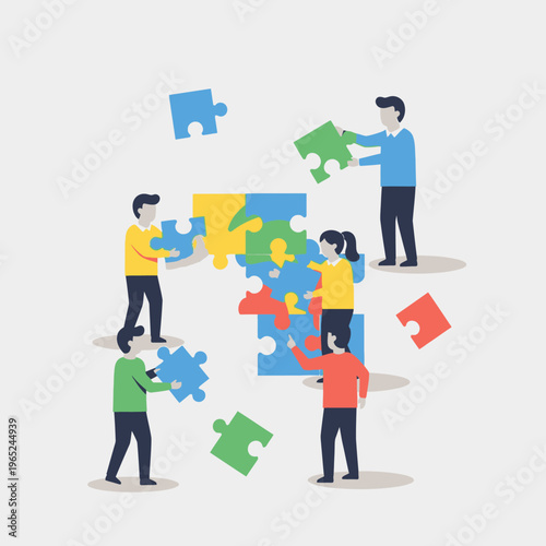 Teamwork assembling a colorful jigsaw puzzle, business collaboration concept