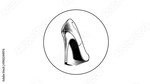 A high heel shoe graphic is isolated within a black circle on white
