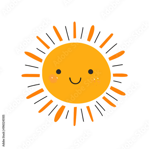 Cute Smiling Sun Face Character Vector Illustration - Cheerful Sunshine Icon with Cartoon Style and Joyful Expression for Kids, Summer Designs, and Happy Themes.