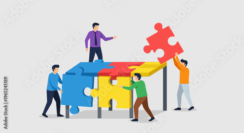 Teamwork assembling a large puzzle, collaboration and strategy for business success