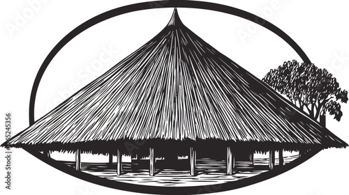 A black and white illustration of a hut with a thatched roof and a tree