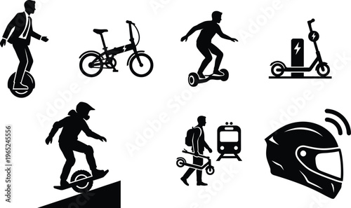 Micro-mobility icons set featuring electric unicycle, e-scooter, folding bike, hoverboard, and smart helmet silhouettes for urban commuting, sustainable transport, and last-mile travel