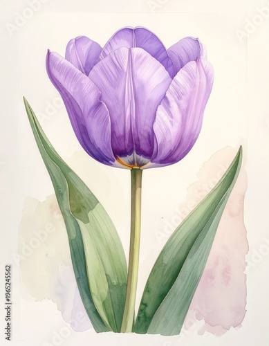 Watercolor Painting of a Single Purple Tulip with Green Leaves Isolated