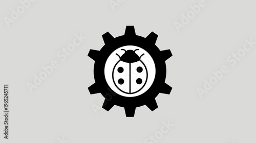 A gear icon with a ladybug inside. Simple flat design with black and white elements
