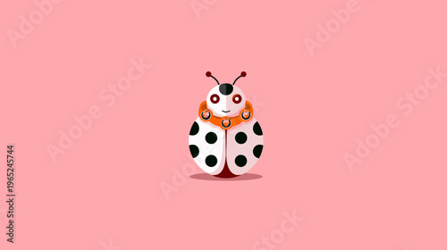 A stylized illustration of a ladybug with a unique design and bright color palette