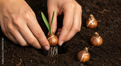 Woman planting sprouting bulbs in soil for gardening project  