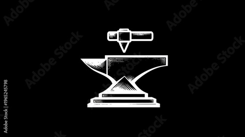 A stark white illustration of a blacksmith's anvil with a hammer poised above it, on a black background