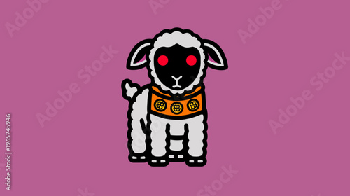 A cartoon lamb with red eyes and an orange collar stands against a purple background