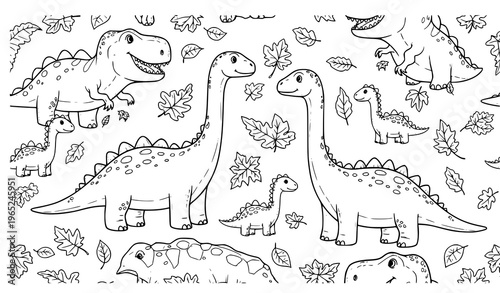 Cute dinosaur doodle seamless coloring pattern vector