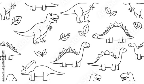 Minimal dinosaur outline seamless pattern coloring vector