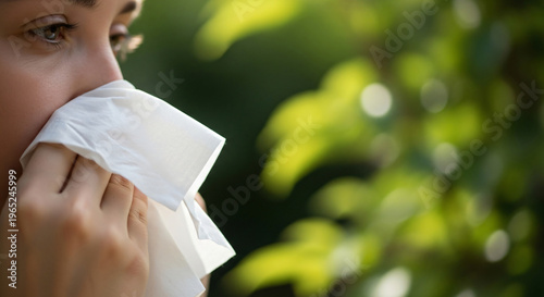 Young woman blowing her nose with tissue outdoors in springtime  