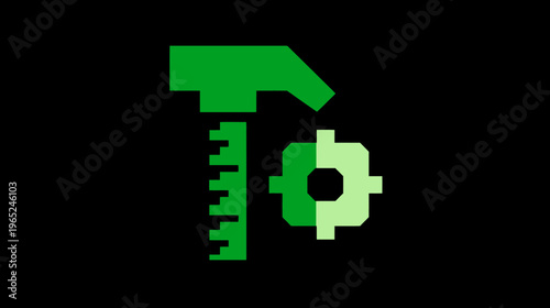 A geometric illustration of tools calipers, a wrench-like shape and a gear on a black backdrop