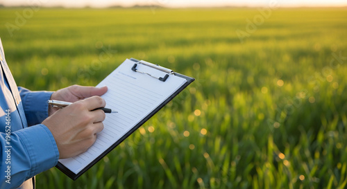 Farmer writing notes on clipboard in green wheat field at sunset  