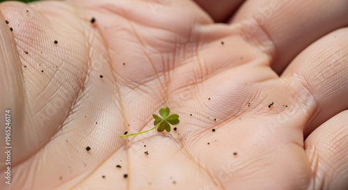 Hand holding tiny green four-leaf clover with soil particles  