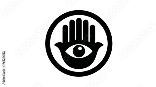A black and white graphic featuring a hand with an eye in the palm, within a circle