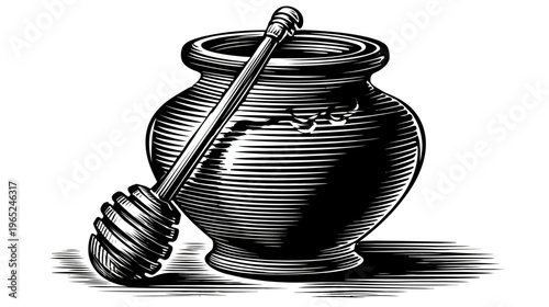 Black & white illustration of a honey pot with a dipper, crosshatch style