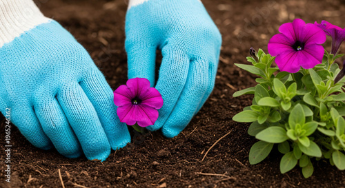 Gardener planting purple petunia flower in soil with gloves  