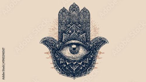 A detailed illustration of a Hamsa hand with an eye in the center, on a cream background