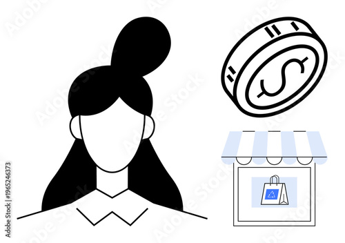 E-commerce, online shopping, digital payment, entrepreneurship, customer identity, retail business. Minimal design a woman, a coin and a storefront. E-commerce and online shopping concept