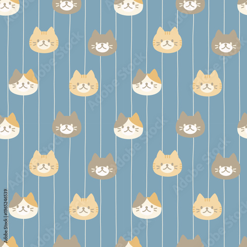 Kawaii Cat Heads Seamless Pattern repeat background, flat vector illustration graphic design