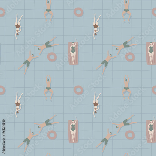 Muted Earth Tone Swimming Pool Seamless Pattern with Swimmers, Pastel repeat background, flat vector illustration graphic design