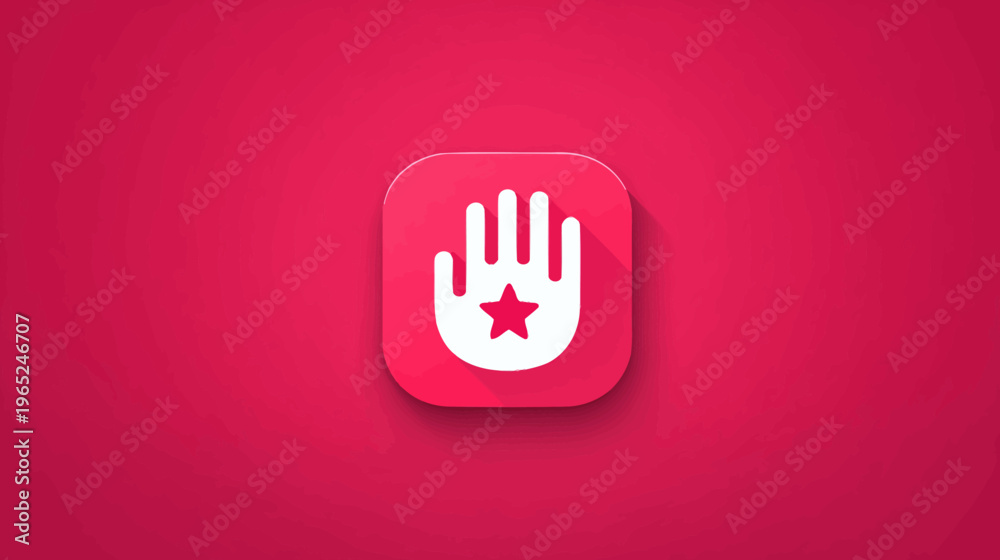 Obraz premium A stylized white hand with a star centered within, on a red background. The hand is inside of a rounded square
