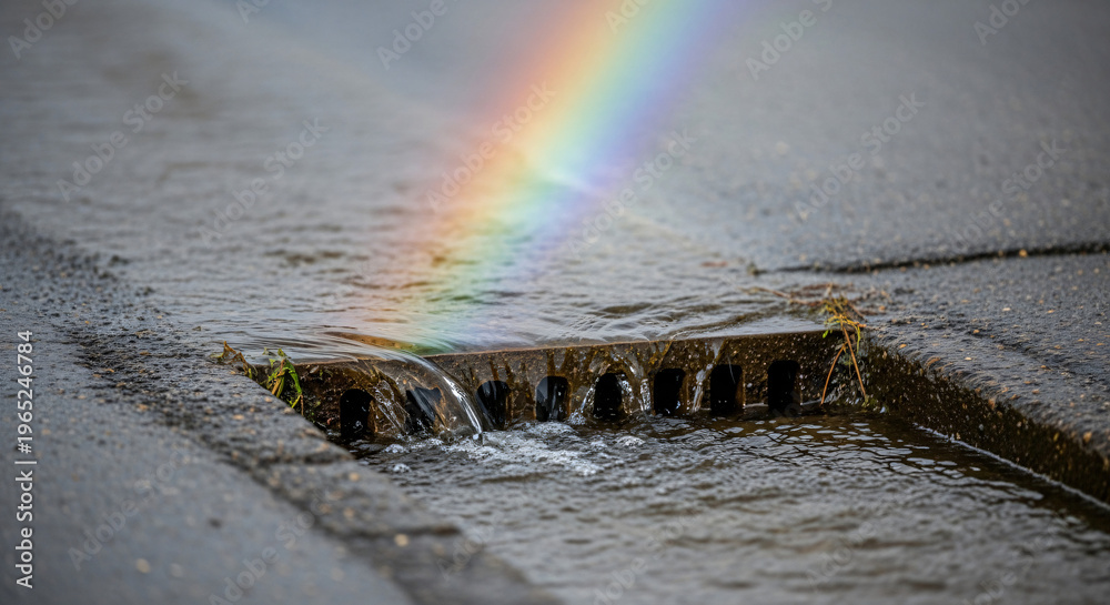 Fototapeta premium Rainbow reflecting over a drainage grate with flowing water 