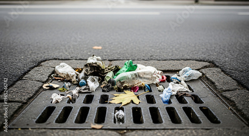 Litter and waste piled on a storm drain in urban environment  