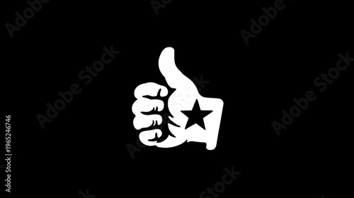 A simple illustration of a hand giving a thumbs up, with a star. Against a black background