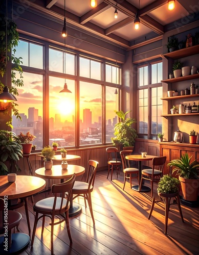 A serene cafe interior with a stunning cityscape view at sunset
