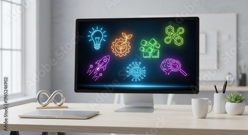 A modern office workspace with a computer displaying colorful neon icons