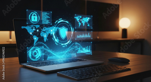 A laptop computer displaying a cybersecurity interface on its screen in a dark room