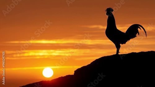 Silhouette of rooster crowing at sunrise
