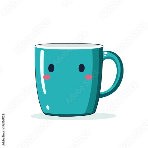 Cute Mug Cartoon Face Happy - Teal Coffee Cup with Smiling Kawaii Expression Isolated on White Background for Kids, Tea Time, Beverage, Mascot, Character Design, Illustration