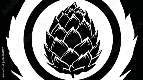 Black and white design of a stylized hop cone inside of a circle with leafy shapes
